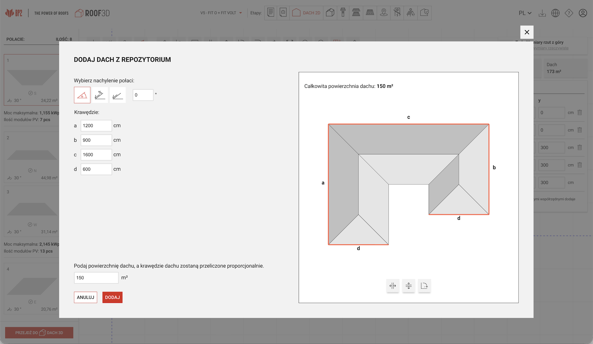 Entering the dimensions of a roof selected from the template library