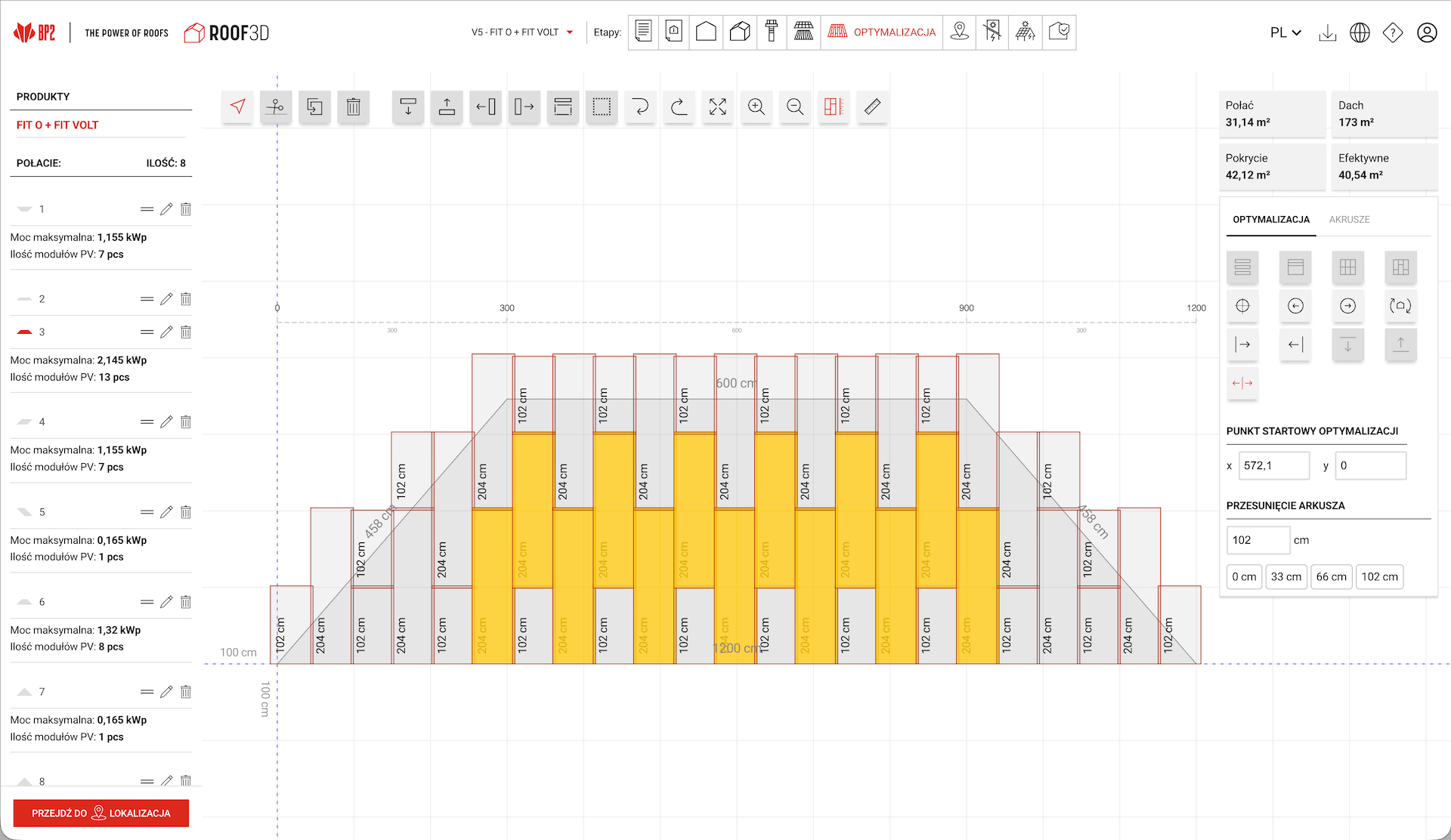 Optimizing the roofing layout on a roof plane